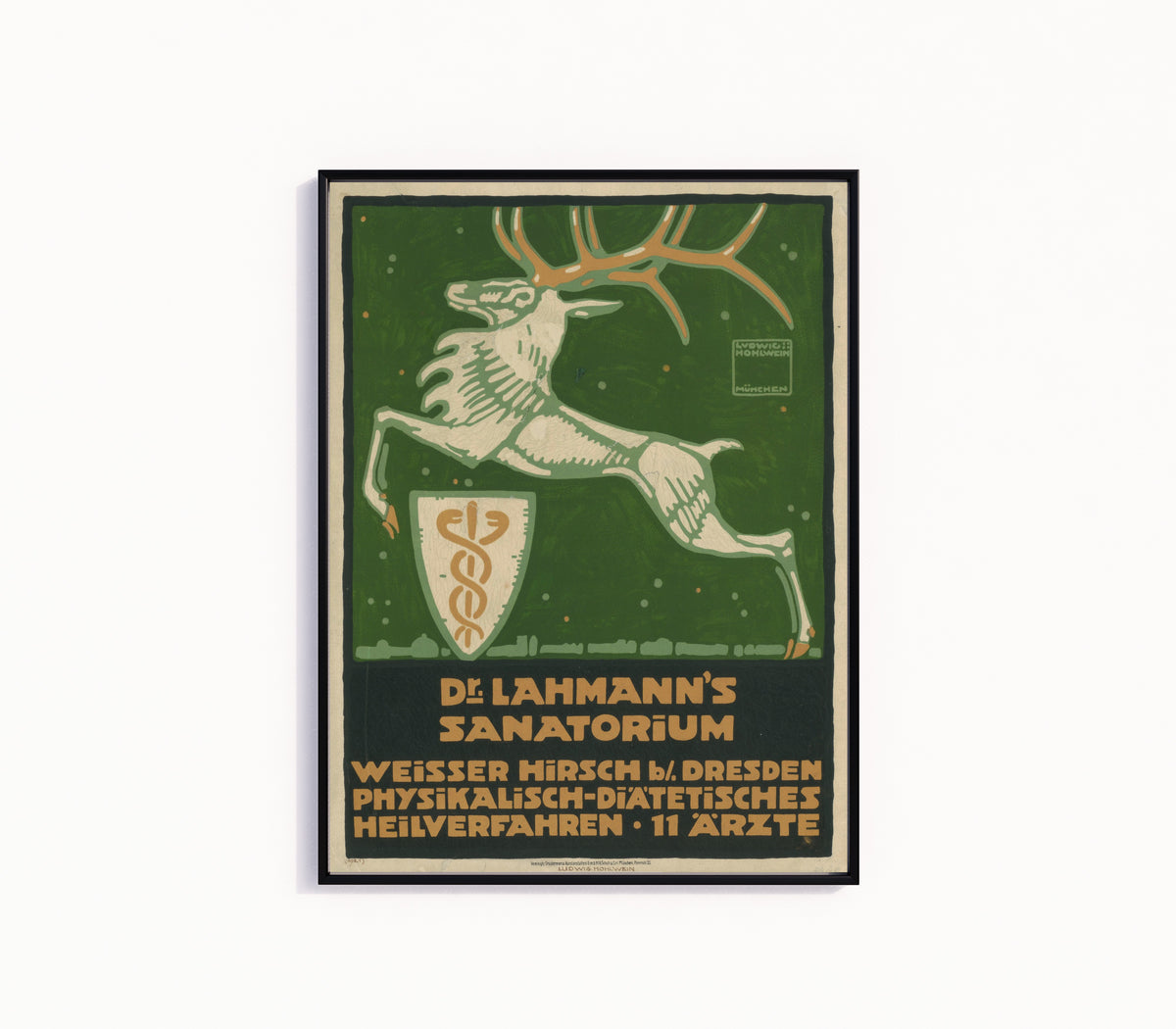 Framed art print of Dr. Lahmann's Sanatorium, Weisser Hirsch bei Dresden by Ludwig Hohlwein, in a slim black frame on a plain white wall