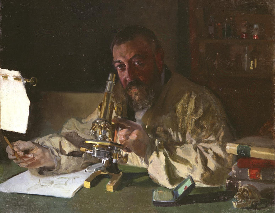 Joaquín Sorolla — Dr. Simarro at the Microscope | Fine Art Print shown to scale on a wall above a sofa