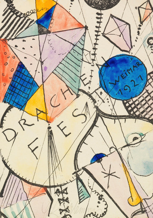 Drachenfest by Oskar Schlemmer — Kites, a blue disc and hand-drawn capitals crowd a festival card