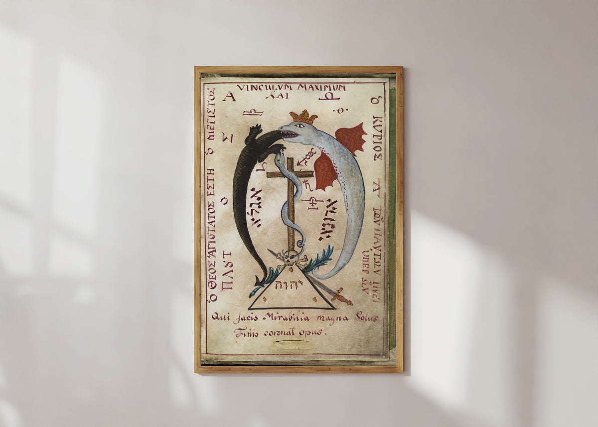 Framed art print of Dragon Devouring a Lizard, from Cyprianus by Unknown artist, in a light wood frame on a sunlit white wall