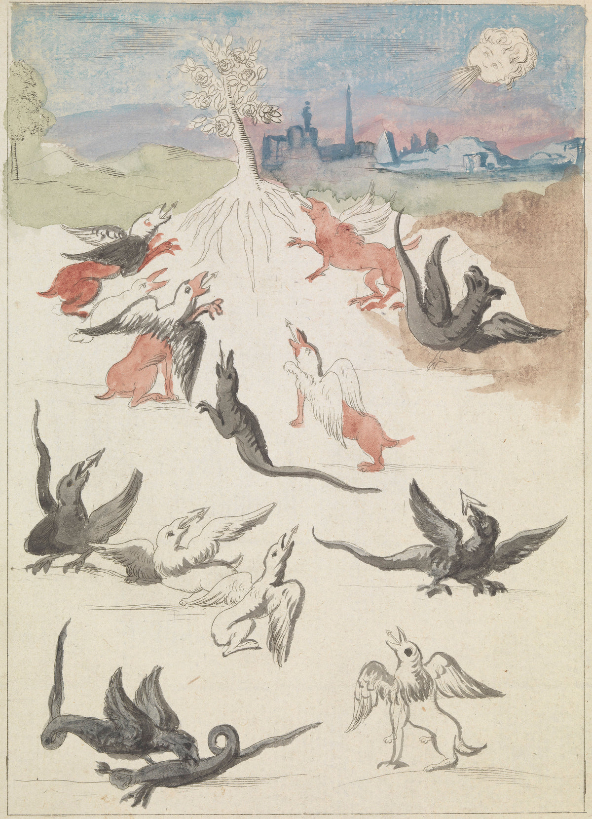 Dragons and Griffins around a Lone Flowering Tree by After Nicolas Flamel — Winged beasts crowd a white mound beneath a rosebush