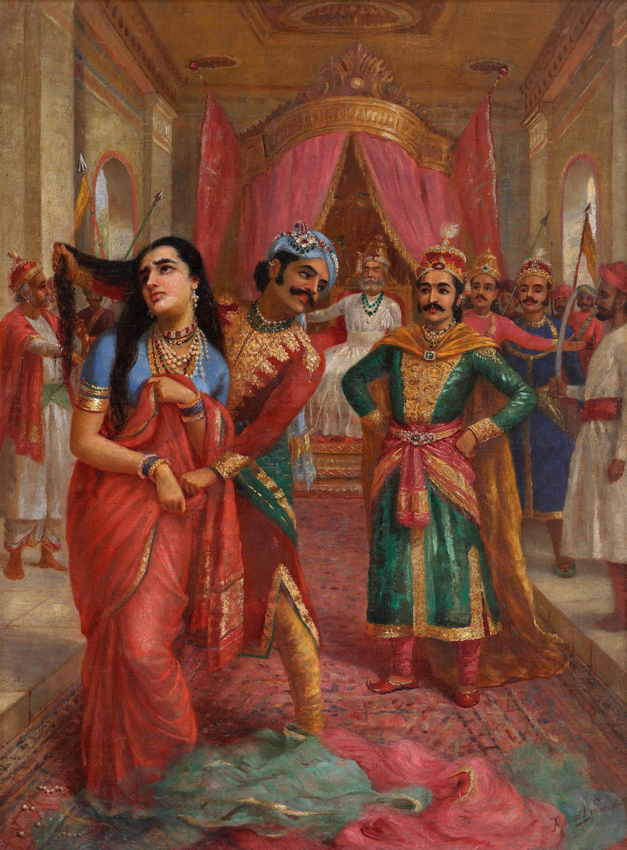 Raja Ravi Varma — Draupadi Vastraharan | Art Print shown to scale on a wall above a sofa