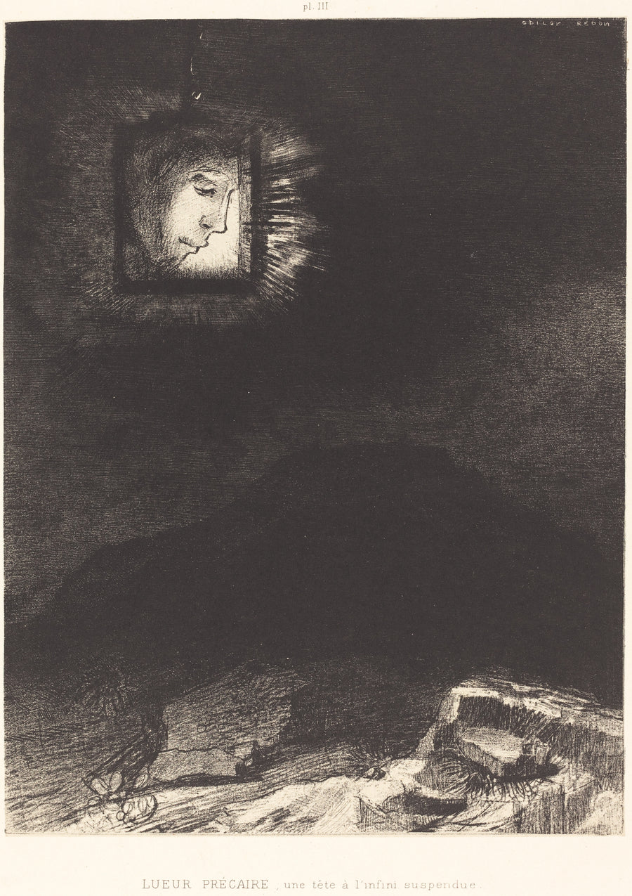 Odilon Redon — Dreams: Precarious Glimmering, a Head Suspended from Infinity | Symbolist Art Print shown to scale on a wall above a sofa
