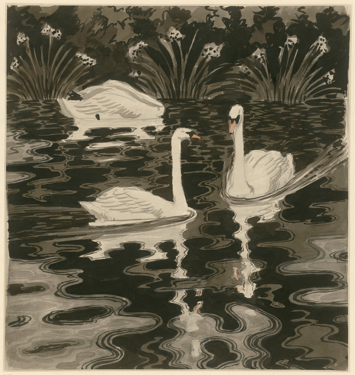 Drei Schwäne auf dunklem Gewässer by Otto Eckmann — Three white swans glide over dark rippling water