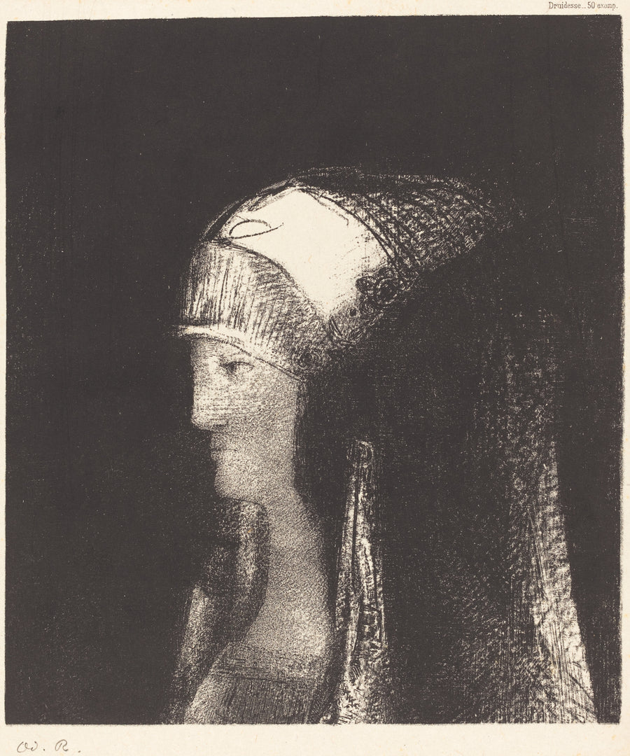 Odilon Redon — Druidess | Symbolist Art Print shown to scale on a wall above a sofa