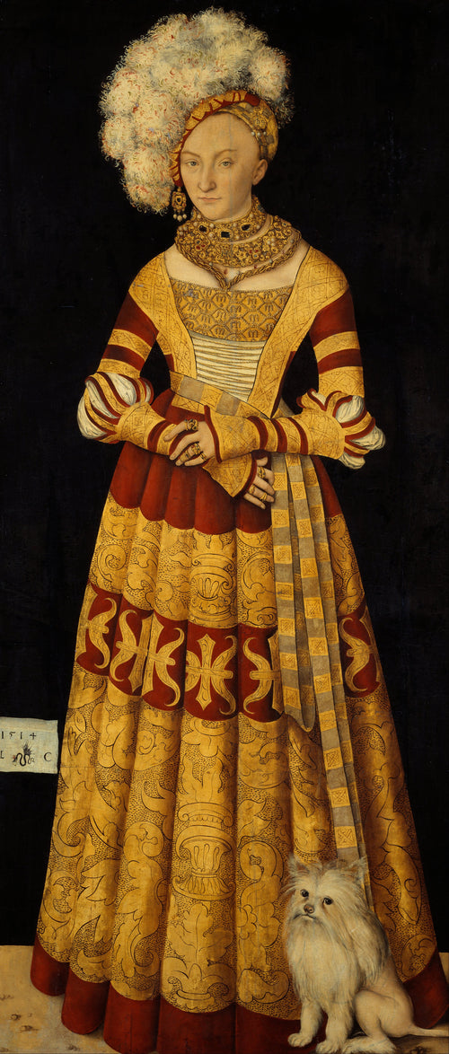 Duchess Katharina von Mecklenburg by Lucas Cranach the Elder — A duchess in gold brocade and white plumes with a small white dog