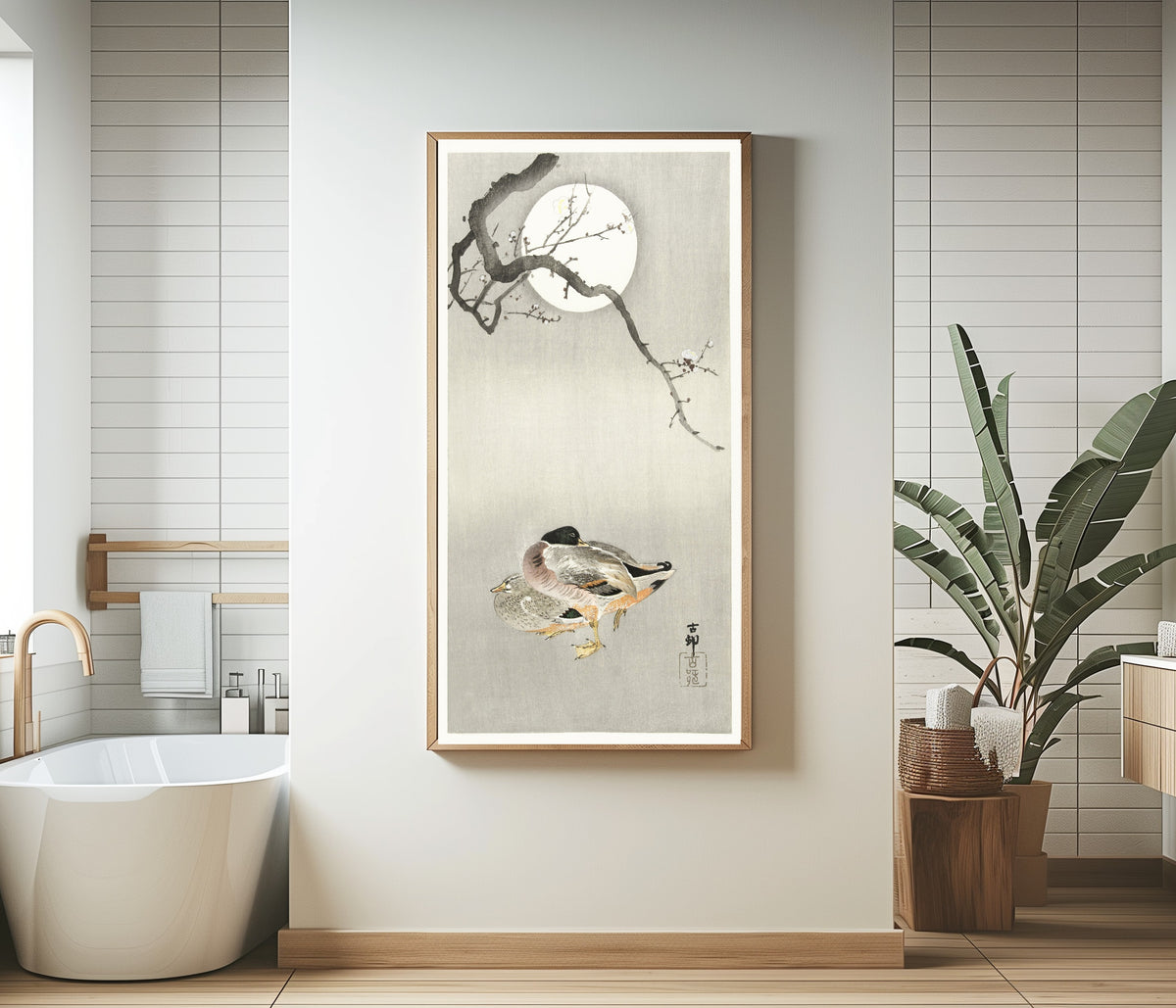 Ohara Koson — Ducks at Full Moon | Japanese Bird & Flower Woodblock Print