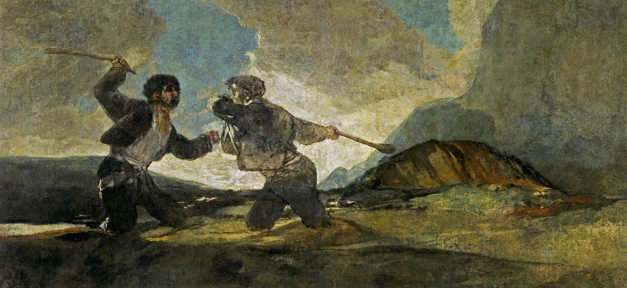 Francisco de Goya — Duelo a garrotazos (Fight with Cudgels) | Art Print shown to scale on a wall above a sofa