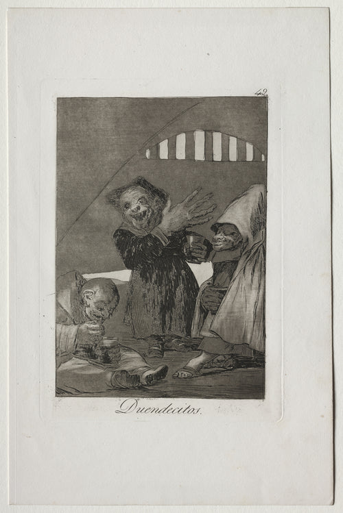 Duendecitos (Hobgoblins), Los Caprichos, Plate 49 by Francisco de Goya — Grinning hobgoblins in monks' habits drink by a barred window