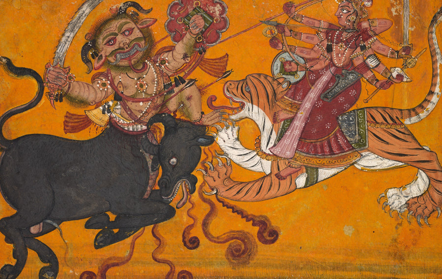 Pahari school — Durga Slaying Mahisha | Indian Miniature Painting Print shown to scale on a wall above a sofa