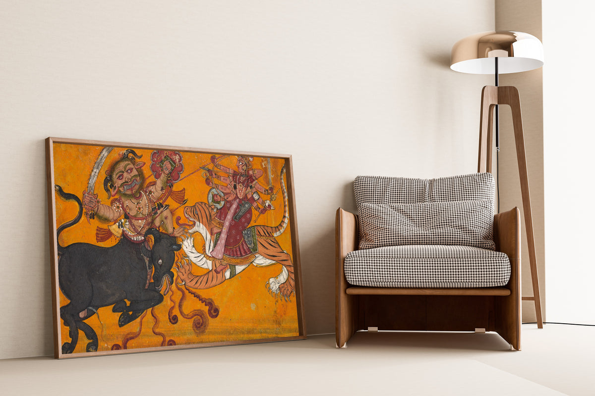 Pahari school — Durga Slaying Mahisha | Indian Miniature Painting Print
