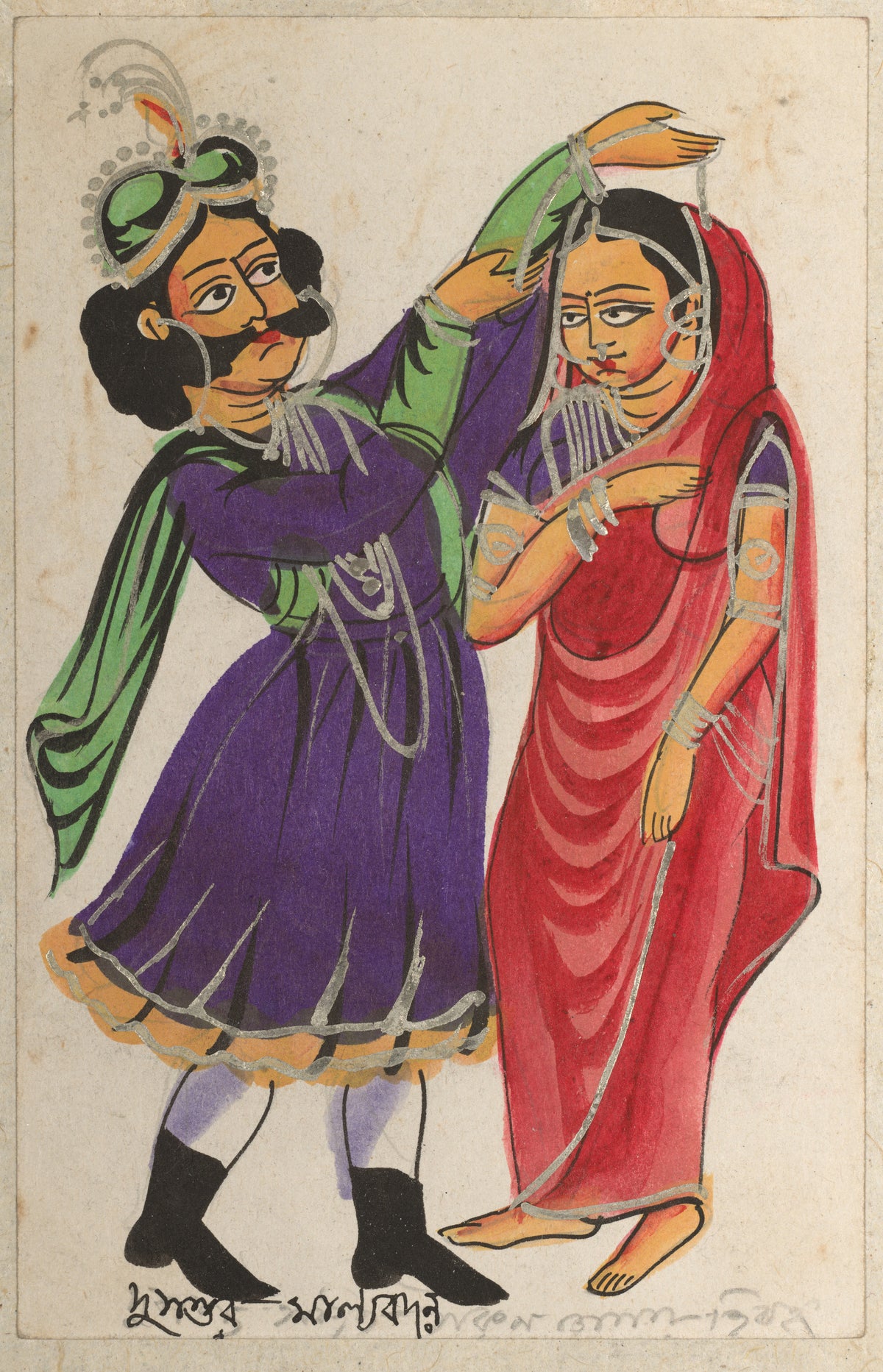 Dusmanta Garlanding Shakumtala by Kalighat painter — A king in purple lifts a garland toward a woman in red