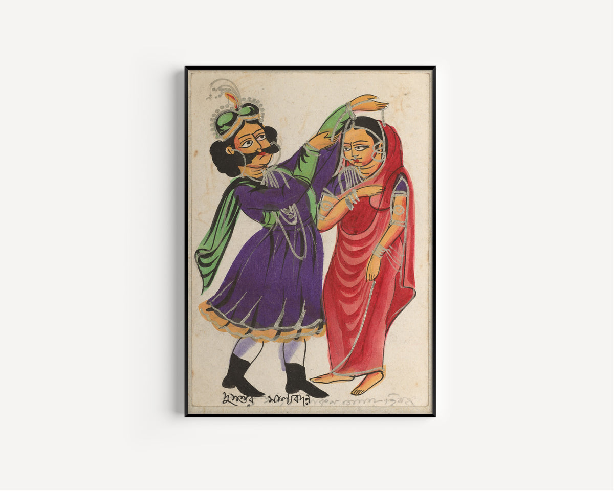 Framed art print of Dusmanta Garlanding Shakumtala by Kalighat painter, in a slim black frame on a plain white wall