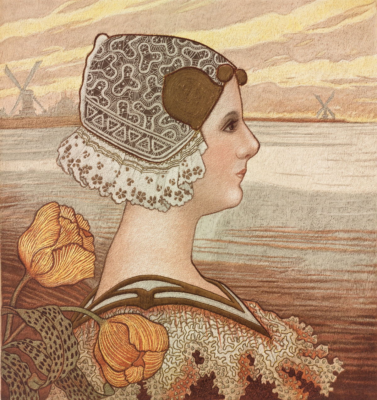 Dutch Lady with Tulips by Paul Berthon — A lace-capped woman in profile with tulips and distant windmills