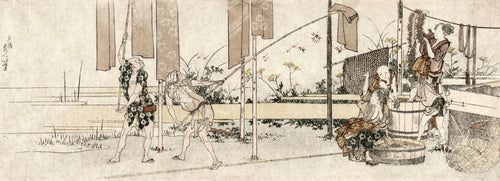Dyers at Work by Katsushika Hokusai — Dyers raise lengths of patterned cloth on long bamboo poles