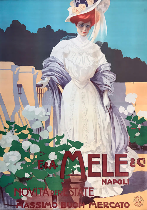 E. & A. Mele, Napoli: Novità per l'Estate, Massimo Buon Mercato by Leopoldo Metlicovitz — A woman in a white lace dress stands among white summer blooms