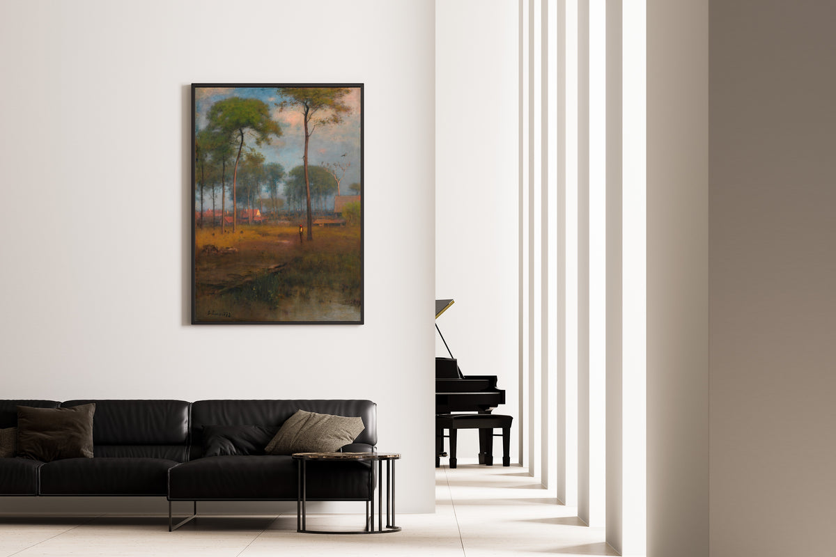Early Morning, Tarpon Springs by George Inness — framed on the wall of a minimal living room