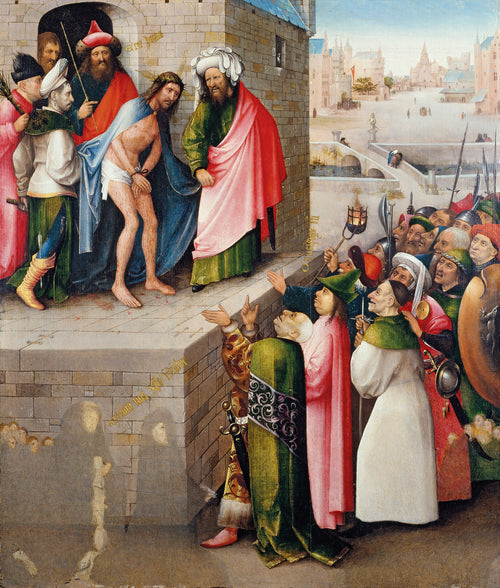 Ecce Homo by Hieronymus Bosch — Christ is shown to a crowd from a stone platform