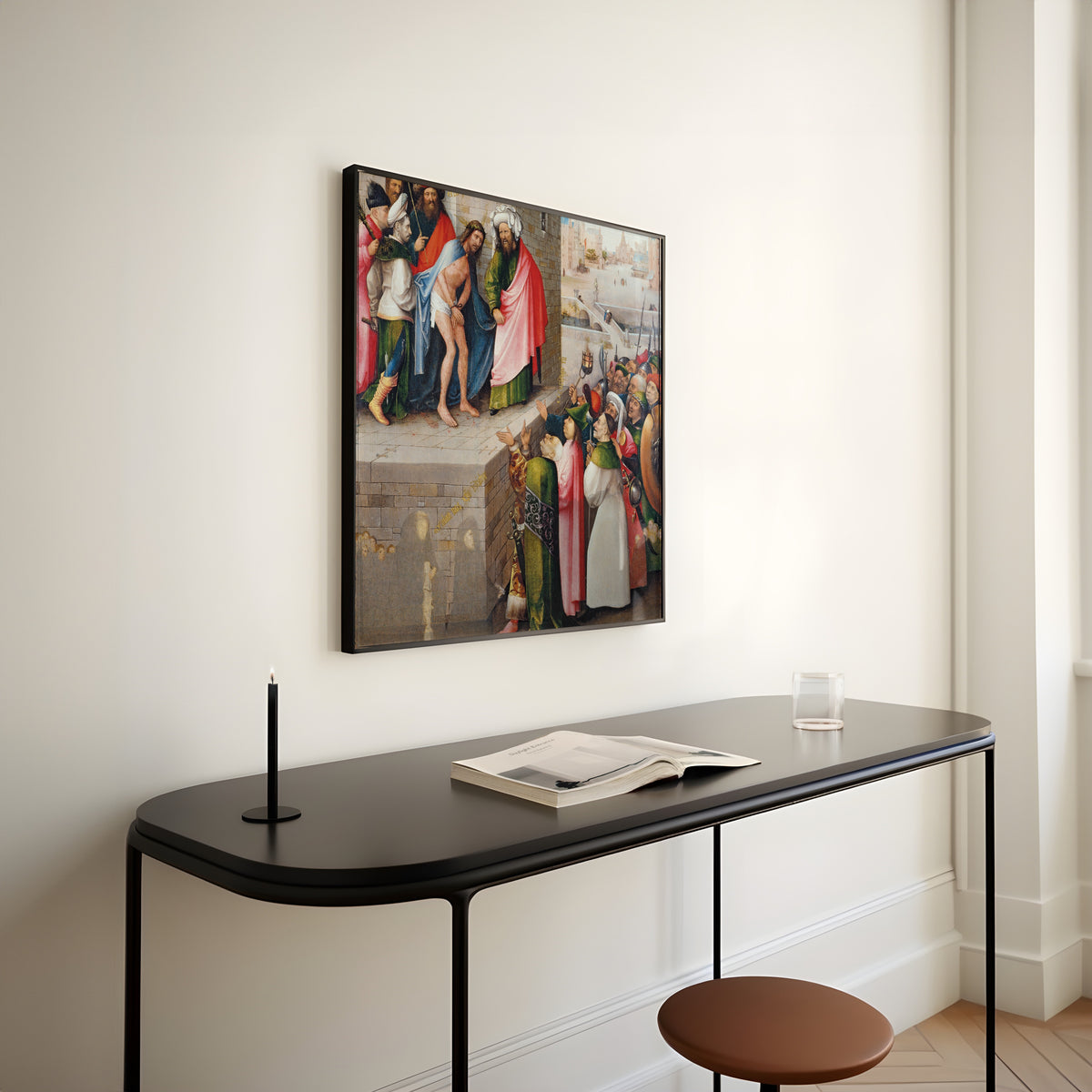 Framed art print of Ecce Homo by Hieronymus Bosch, above a slim black console table