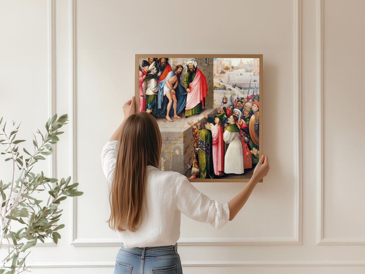 Framed art print of Ecce Homo by Hieronymus Bosch, hung on a panelled wall