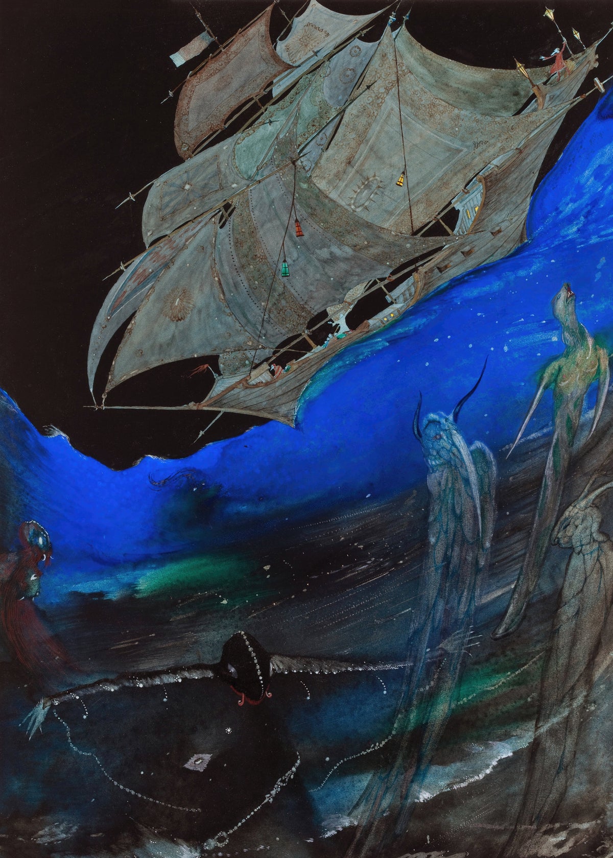 Edgar Allan Poe’s Tales of Mystery and Imagination: Illustration by Harry Clarke — A tall ship under grey sails rides a glowing blue wave