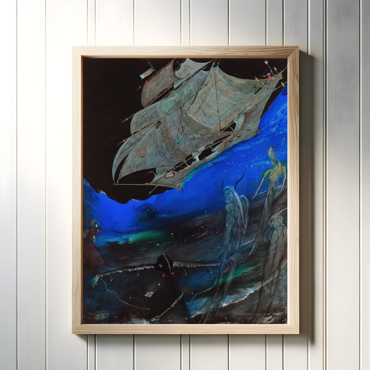 Framed art print of Edgar Allan Poe’s Tales of Mystery and Imagination: Illustration by Harry Clarke, in a light wood frame on a white panelled wall