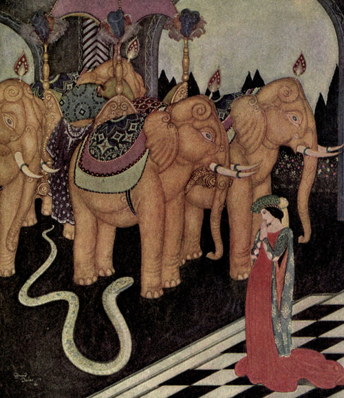 Edmund Dulac's Fairy-Book: The Serpent Prince by Edmund Dulac — A lady in red stands calm as a pale serpent rises among elephants