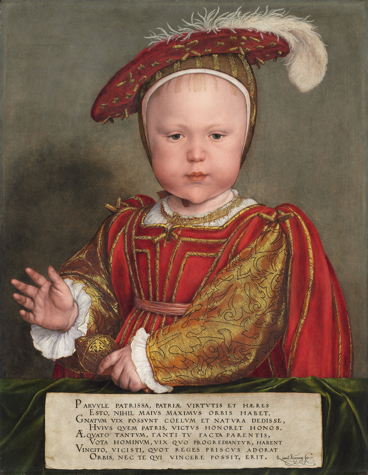 Edward VI as a Child by Hans Holbein the Younger — A toddler in red and gold lifts a hand above a Latin verse plaque