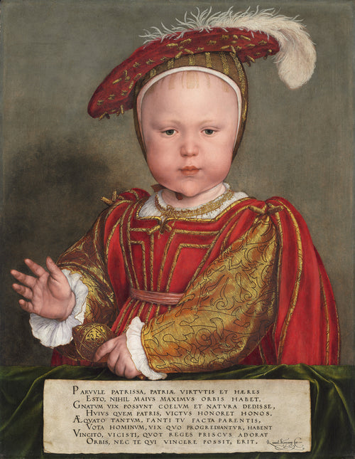 Edward VI as a Child by Hans Holbein the Younger — A toddler in red and gold lifts a hand above a Latin verse plaque