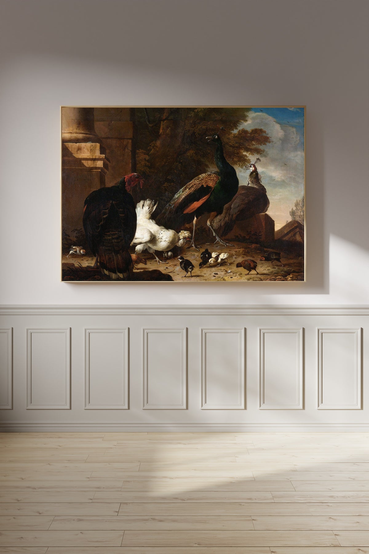 Melchior d'Hondecoeter — Een hen met pauwen en een kalkoen (A Hen with Peacocks and a Turkey) | Fine Art Print