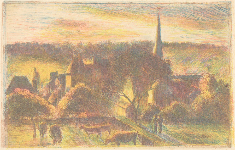Camille Pissarro — Eglise et ferme d'Éragny (A Church and Farm at Éragny) | Fine Art Print shown to scale on a wall above a sofa