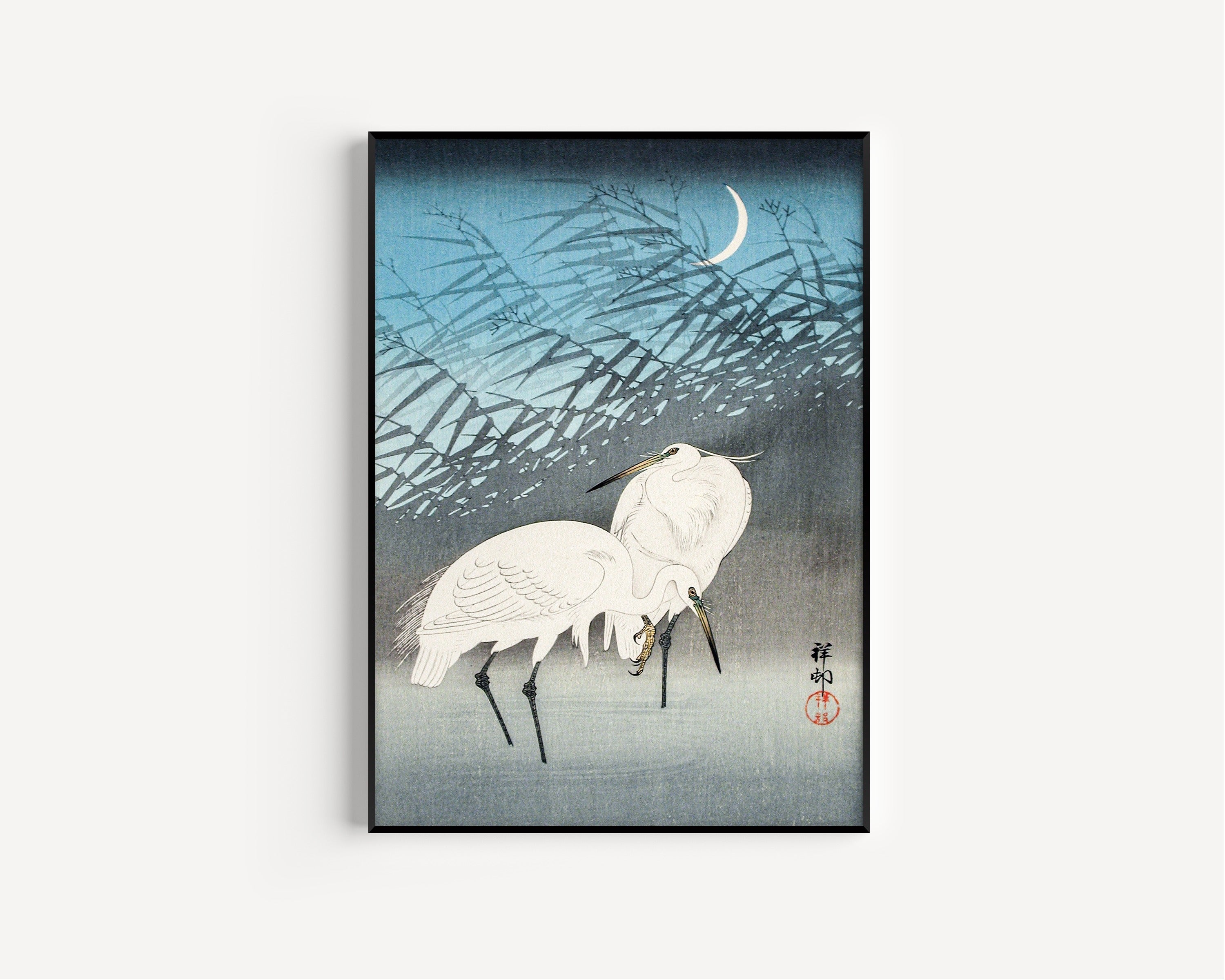 Ohara Koson — Egrets and Reeds in Moonlight | Japanese Bird & Flower Woodblock Print