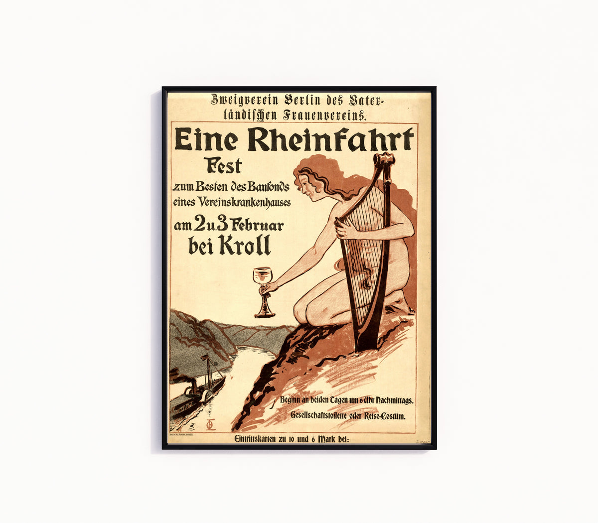 Framed art print of Eine Rheinfahrt: Zweigverein Berlin des Vaterländischen Frauenvereins by Otto Eckmann, in a slim black frame on a plain white wall
