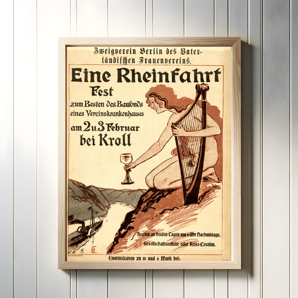 Framed art print of Eine Rheinfahrt: Zweigverein Berlin des Vaterländischen Frauenvereins by Otto Eckmann, in a light wood frame on a white panelled wall