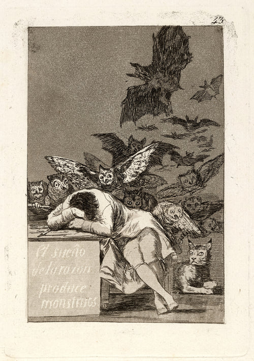El sueño de la razon produce monstruos (The Sleep of Reason Produces Monsters), Los Caprichos, Plate 43 by Francisco de Goya — A sleeper slumps over his desk