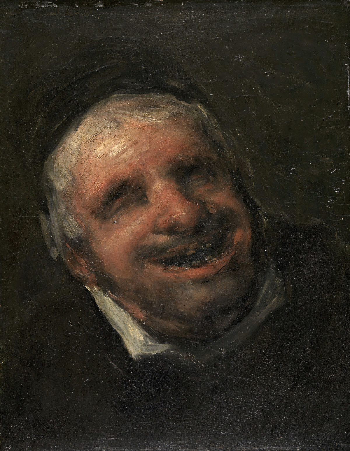 El tío Paquete by Francisco de Goya — An old man grins broadly, eyes shut, out of a dark ground