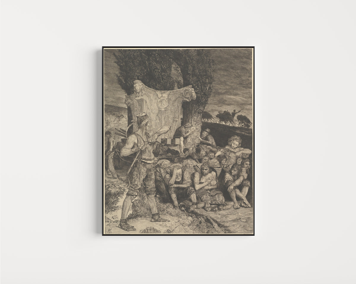 Framed art print of Elend by Max Klinger, in a slim black frame on a plain white wall