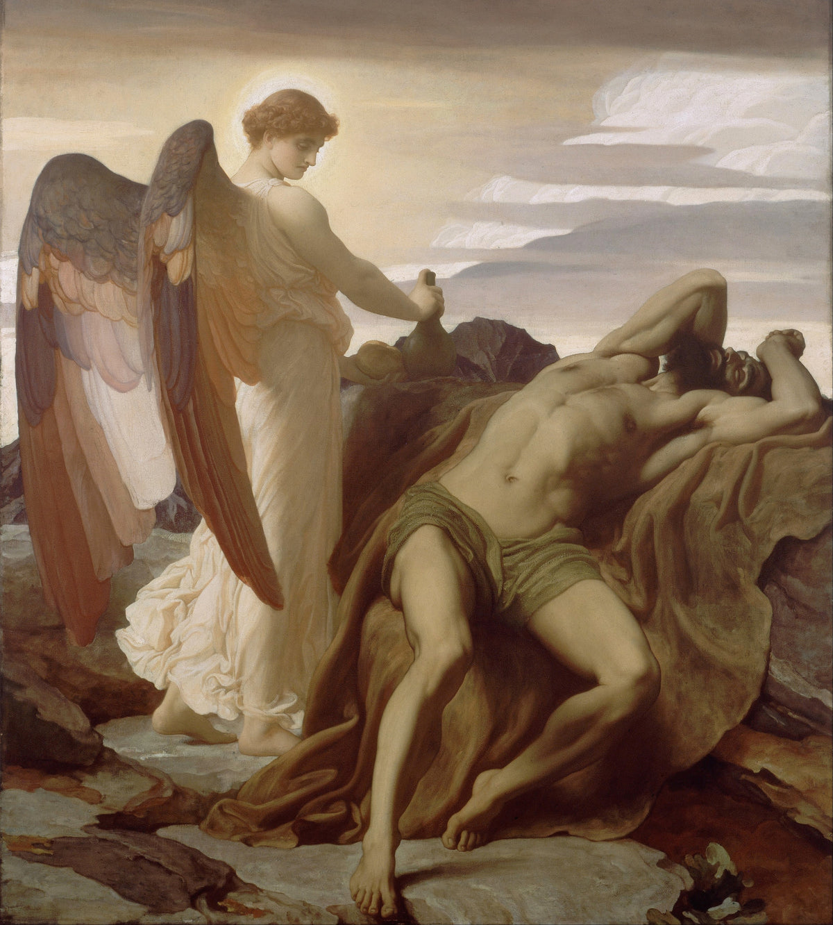 Elijah in the Wilderness by Frederic Leighton — An angel with tawny wings brings water to Elijah asleep on the rocks