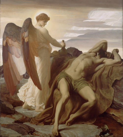 Elijah in the Wilderness by Frederic Leighton — An angel with tawny wings brings water to Elijah asleep on the rocks