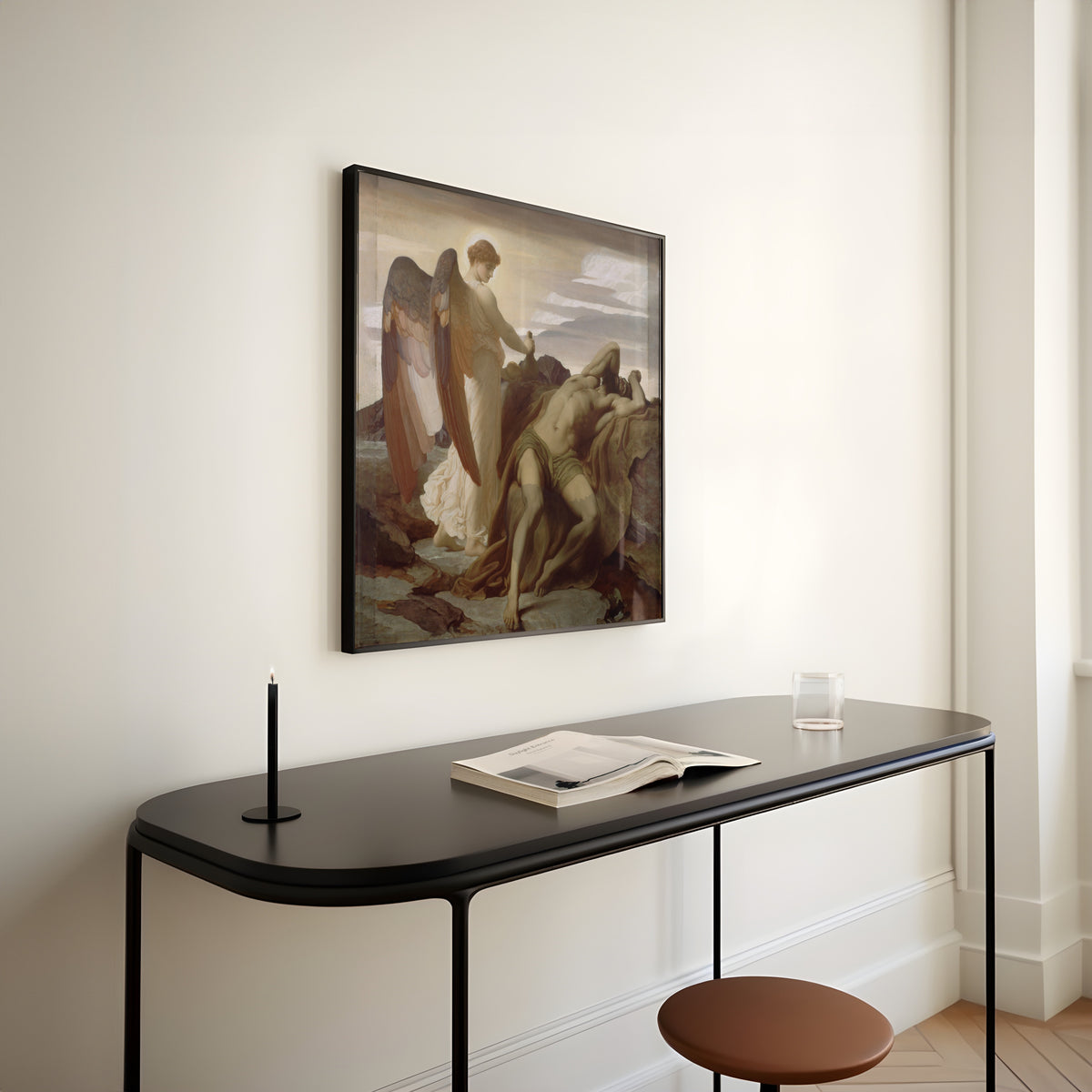 Framed art print of Elijah in the Wilderness by Frederic Leighton, above a slim black console table