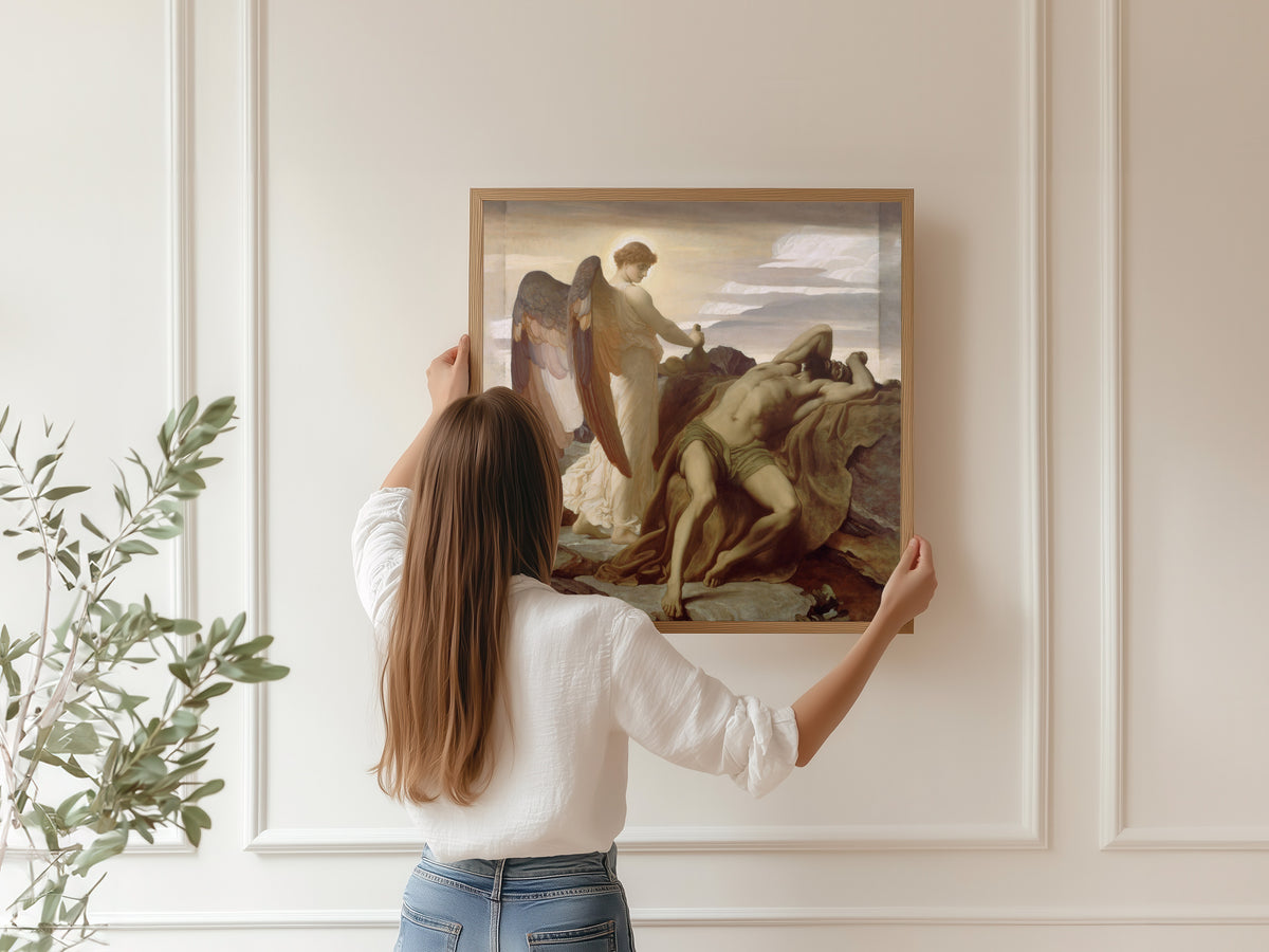 Framed art print of Elijah in the Wilderness by Frederic Leighton, hung on a panelled wall