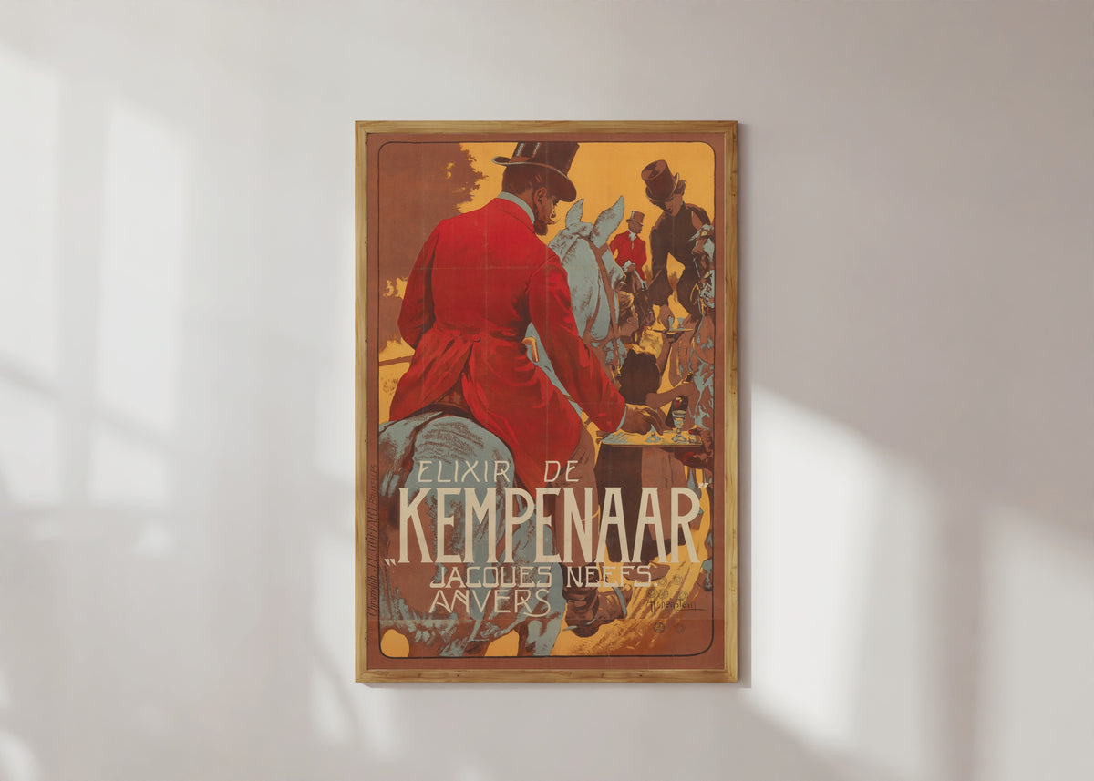 Framed art print of Elixir de Kempenaar by Adolfo Hohenstein, in a light wood frame on a sunlit white wall