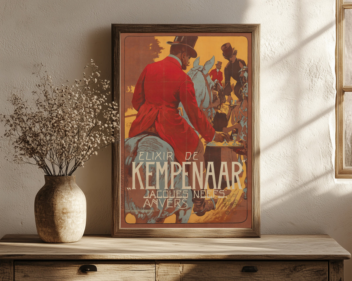Framed art print of Elixir de Kempenaar by Adolfo Hohenstein, in a dark wood frame leaning on a rustic console beside dried flowers