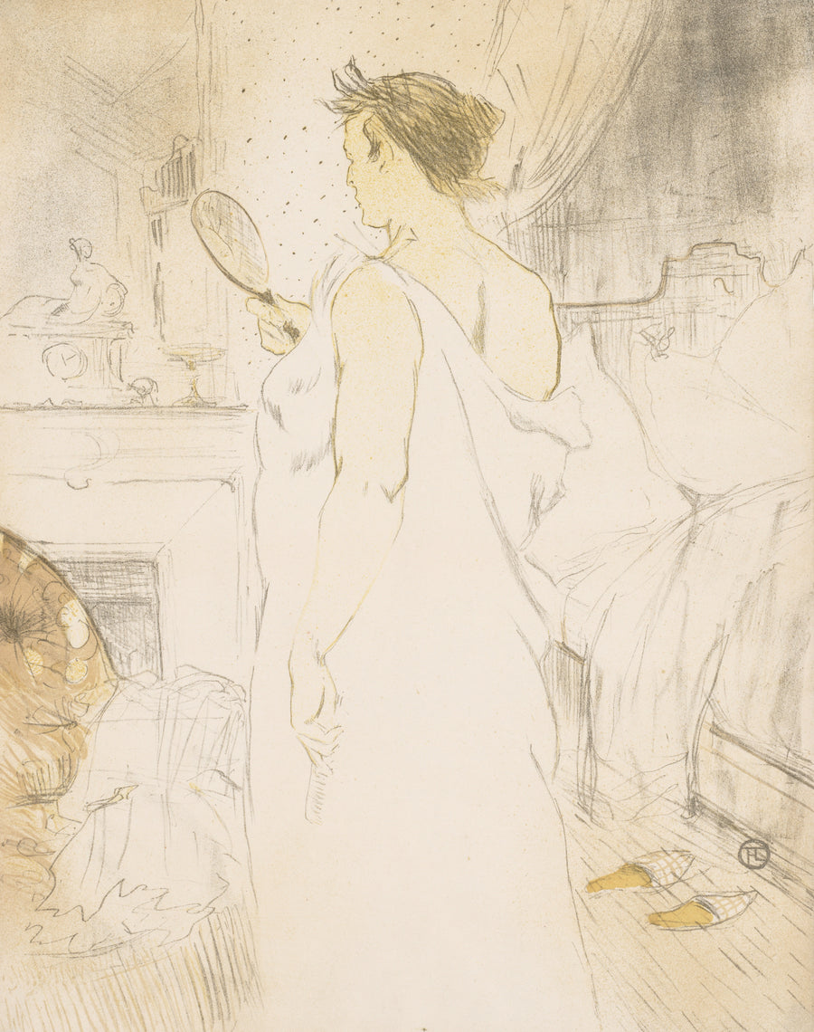 Henri de Toulouse-Lautrec — Elles: Woman with a Hand Mirror | Lithograph Print shown to scale on a wall above a sofa