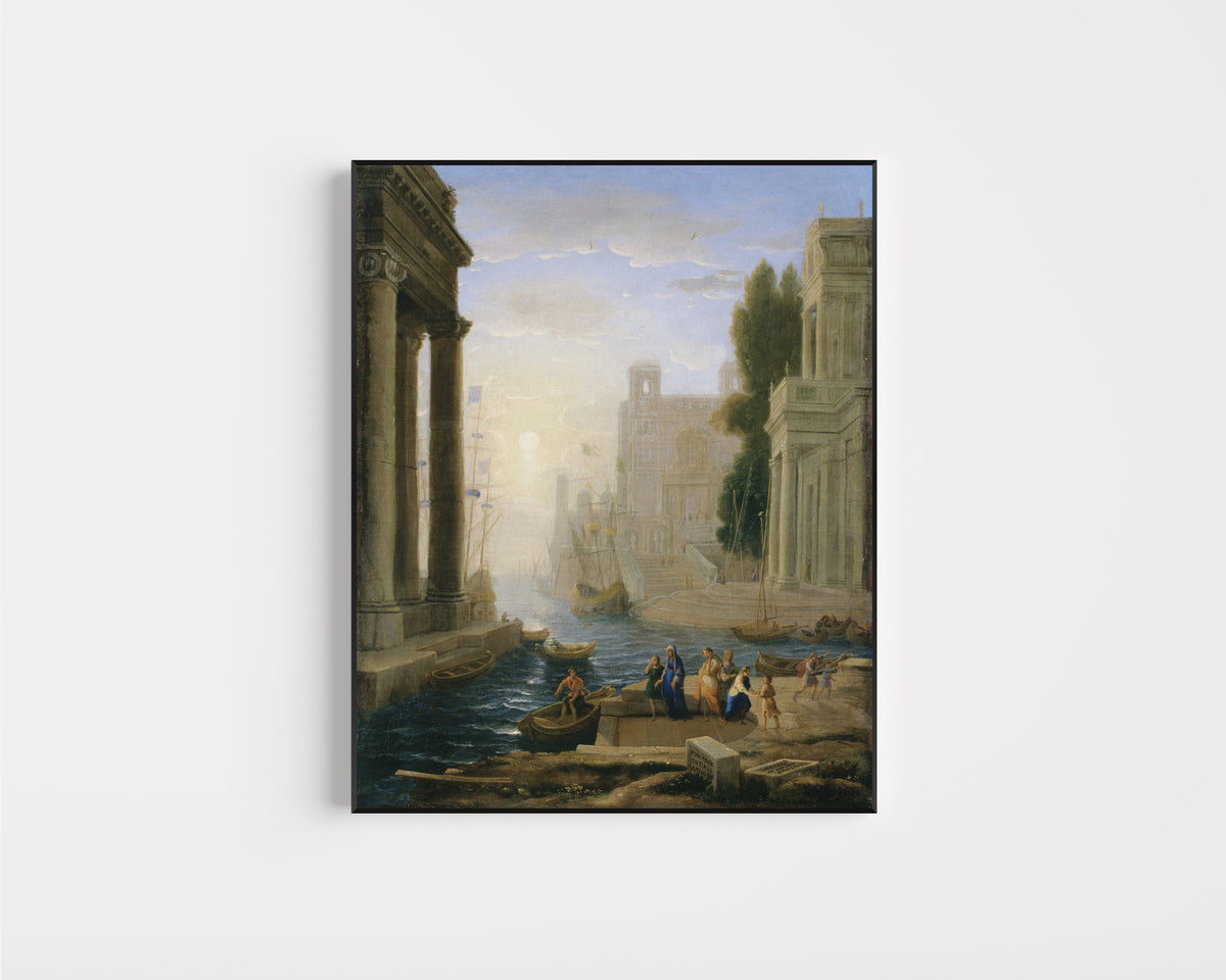 Framed art print of Embarkation of St Paula by Claude Lorrain, in a slim black frame on a plain white wall