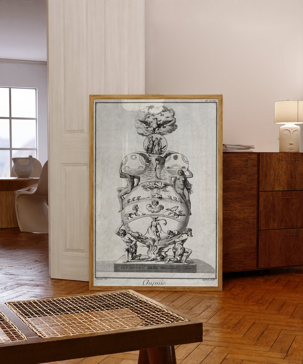 Framed art print of Emblem Representing the Path to the Philosopher's… by Andreas Libavius, in a light wood frame leaning in a warm room with a parquet floor