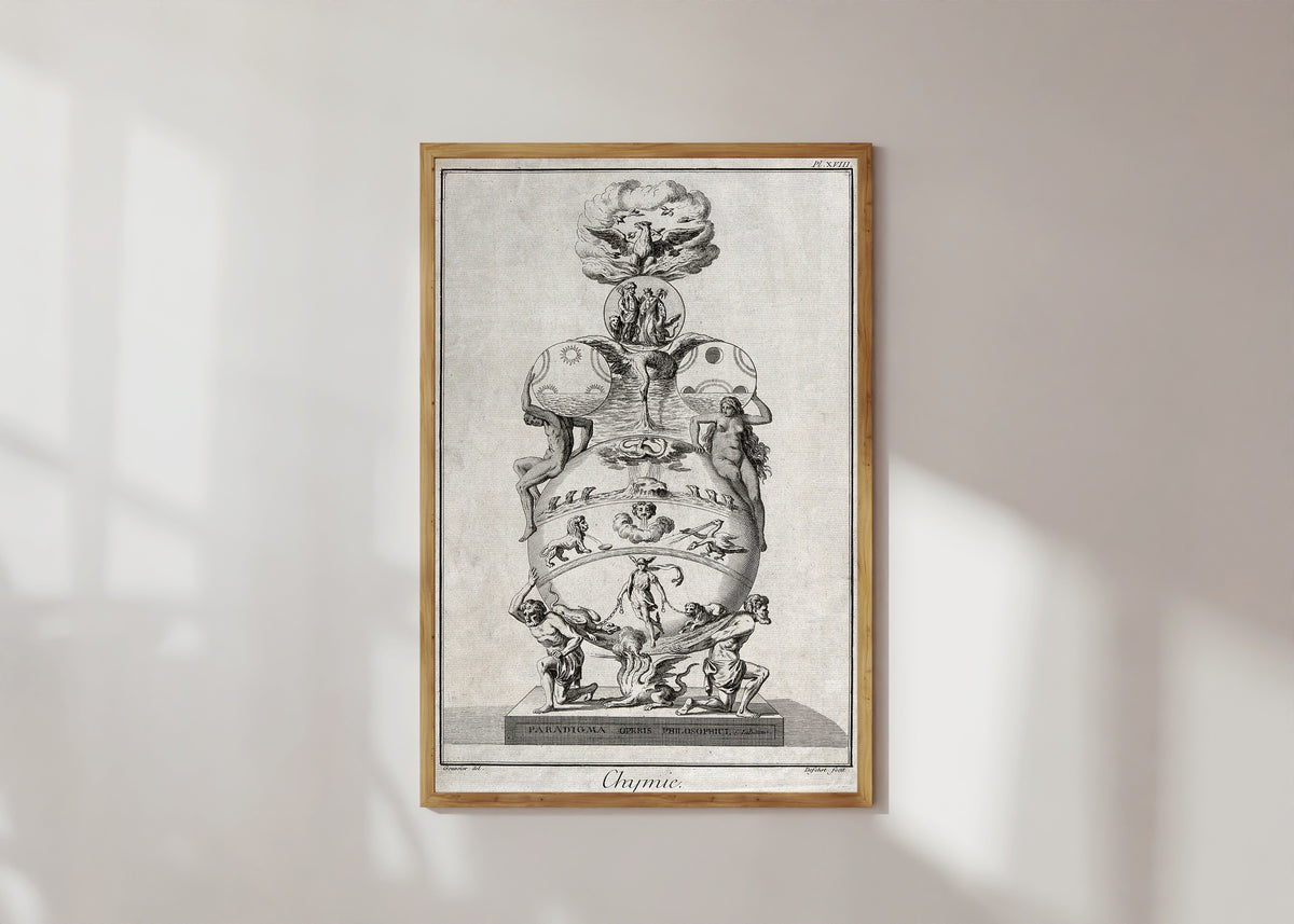 Framed art print of Emblem Representing the Path to the Philosopher's Stone in Alchemy by Andreas Libavius, in a light wood frame on a sunlit white wall