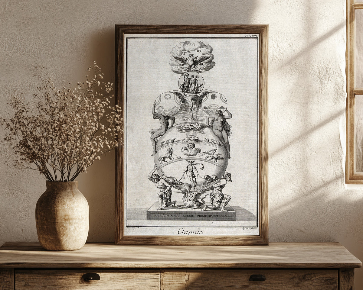 Framed art print of Emblem Representing the Path to the… by Andreas Libavius, in a dark wood frame leaning on a rustic console beside dried flowers