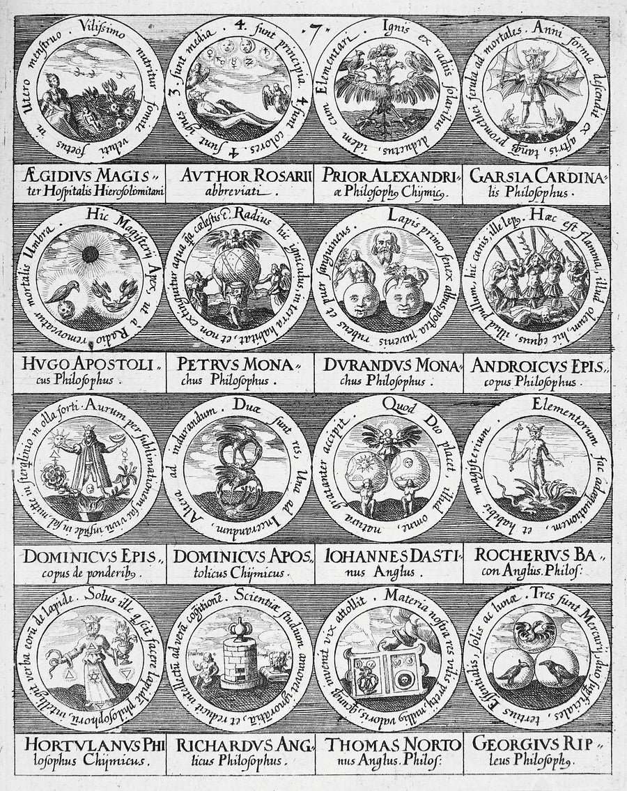 Johann Daniel Mylius — Emblems of Sixteen Alchemic Philosophers in Roundels (Basilica Philosophica) | Alchemical Engraving Print shown to scale on a wall above a sofa