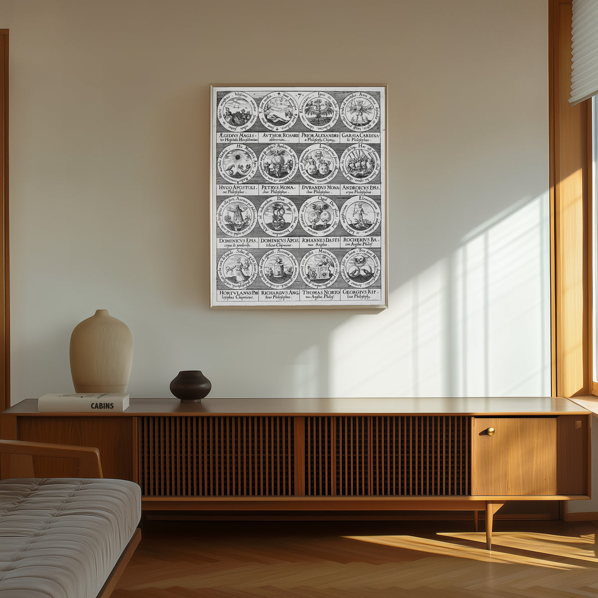 Framed art print of Emblems of Sixteen Alchemic Philosophers in… by Johann Daniel Mylius, in a thin light frame on a sunlit wall above a wooden sideboard